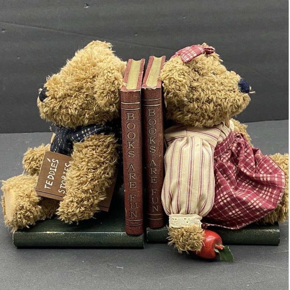VTG Y2K Teddy Bear Bookends Books Are Fun Wooden Plush Pair Children Library 90s - Picture 2 of 16